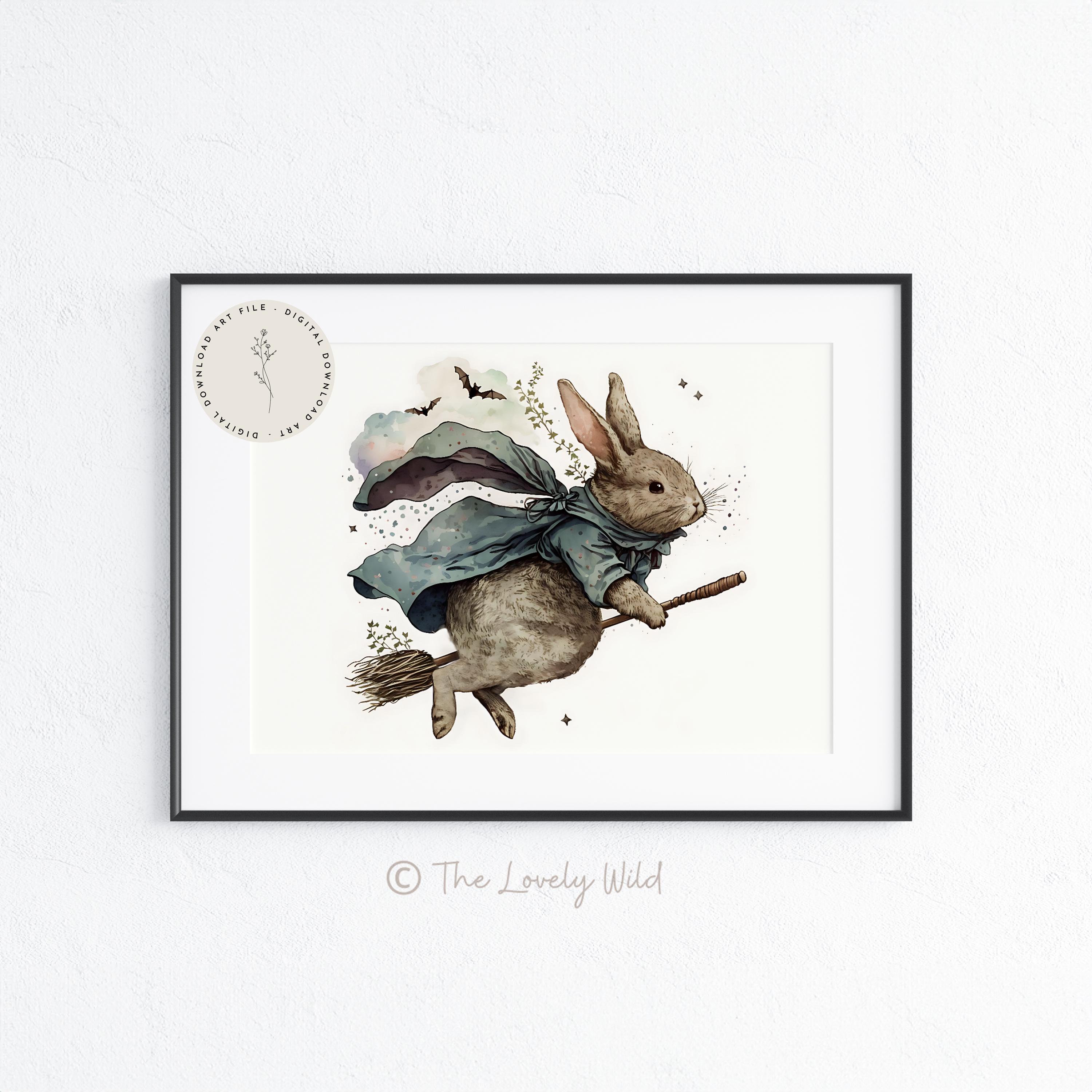 Bunny Rabbit Witch on a Broomstick Wall Art Whimsical Halloween Spooky ...