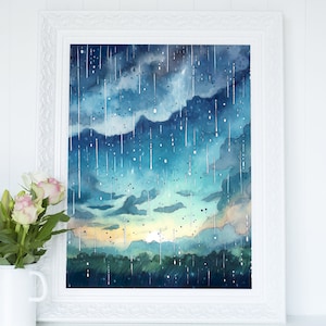 Rainy Day Watercolor Sky Decor, Cloudy Field Day Wall Art, Clouds on a Rainy Sky Illustration, Instant Digital Download, Art Printable