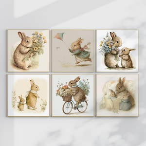 May include: Six framed illustrations of bunnies in various scenes. The first shows a bunny holding a bouquet of flowers. The second shows a bunny flying a kite. The third shows two bunnies holding a bouquet of flowers. The fourth shows two bunnies walking together. The fifth shows a bunny riding a bicycle with a basket of flowers. The sixth shows two bunnies reading a book.