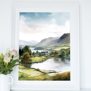 Inghilterra Lake District Wall Art, campagna britannica stampabile, stampa digitale Decor Cottagecore, illustrazione dell'acquerello Download immediato
