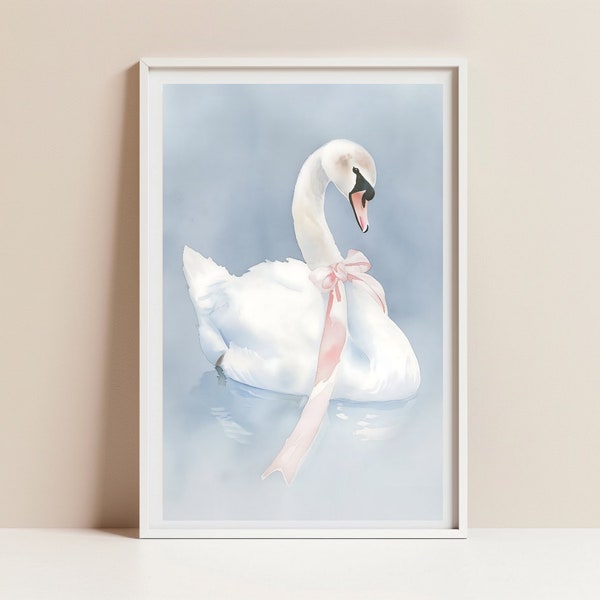 White Swan Pink Ribbon Art, Coquette Wall Art Softness Watercolor Digital Print Cottagecore Girl Decor Printable, Bird Wildlife Illustration