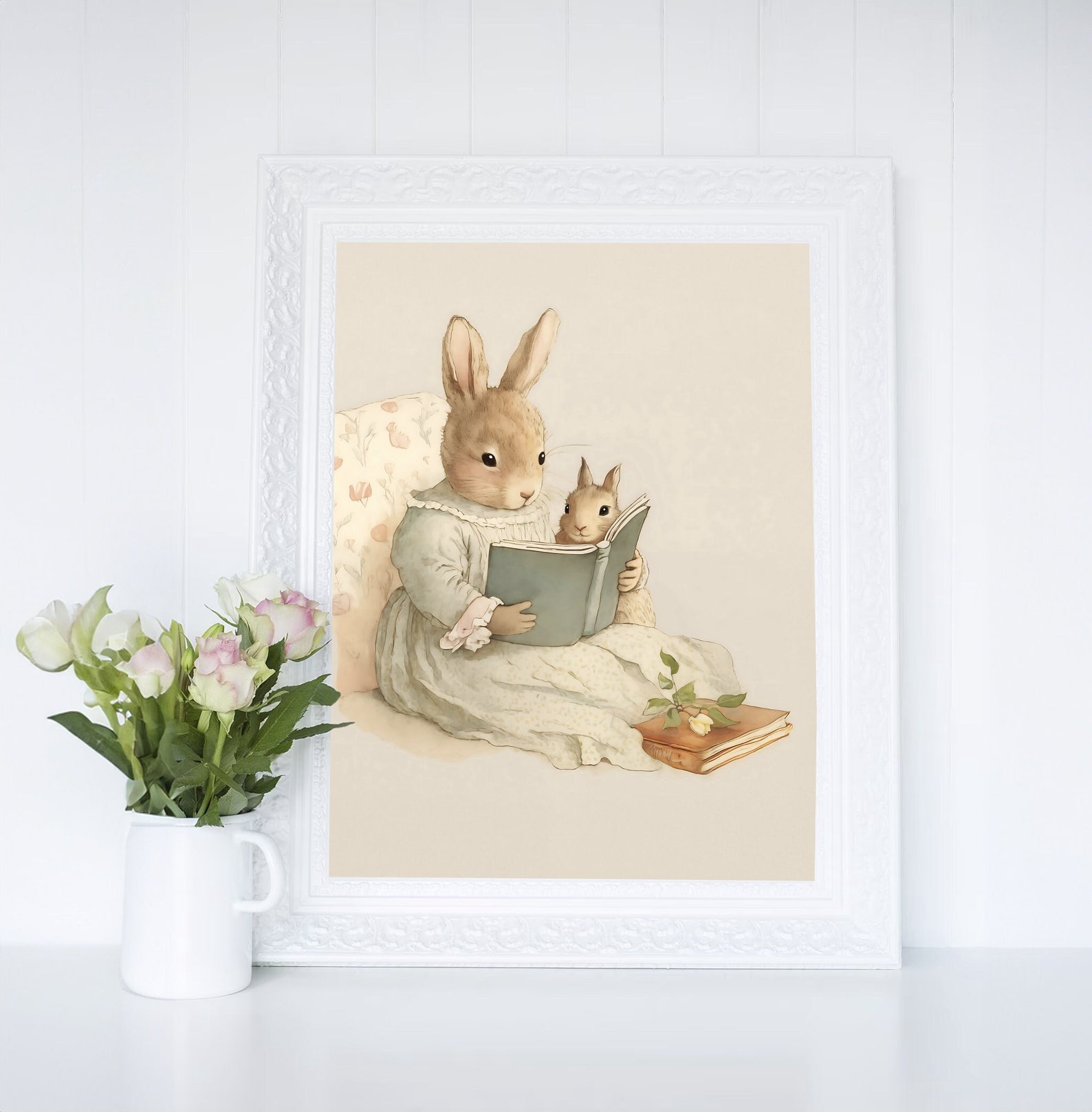 Mother Bunny Rabbit Reading to Baby Wall Art, Softness Watercolor Art ...