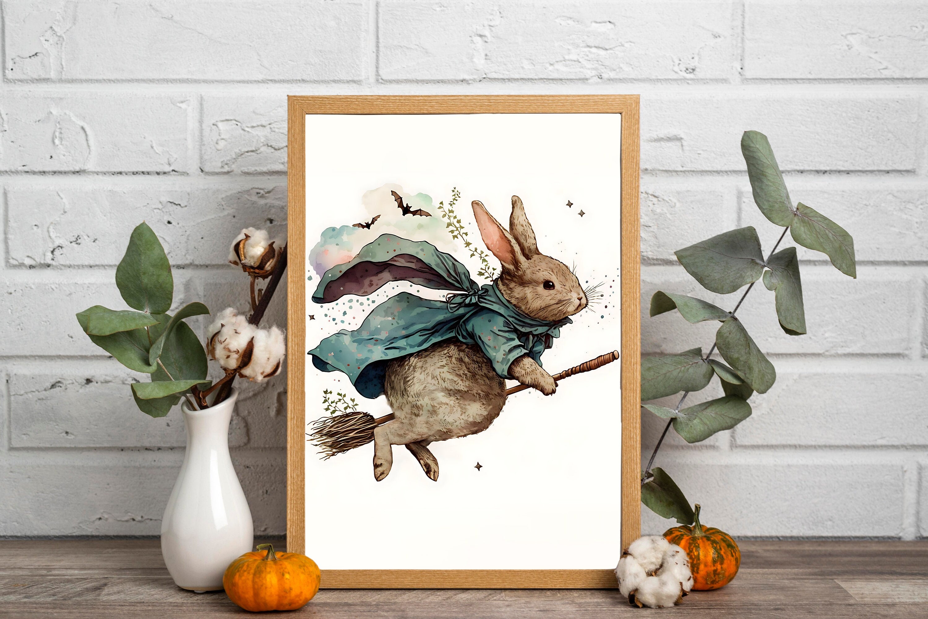 Bunny Rabbit Witch on a Broomstick Wall Art Whimsical Etsy