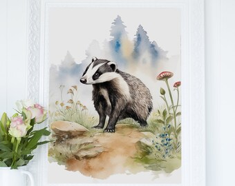 Badger Walking in Nature Wall Art, Cottagecore Nursery Decor Printable, British Wildlife Digital Print, Instant Digital Download