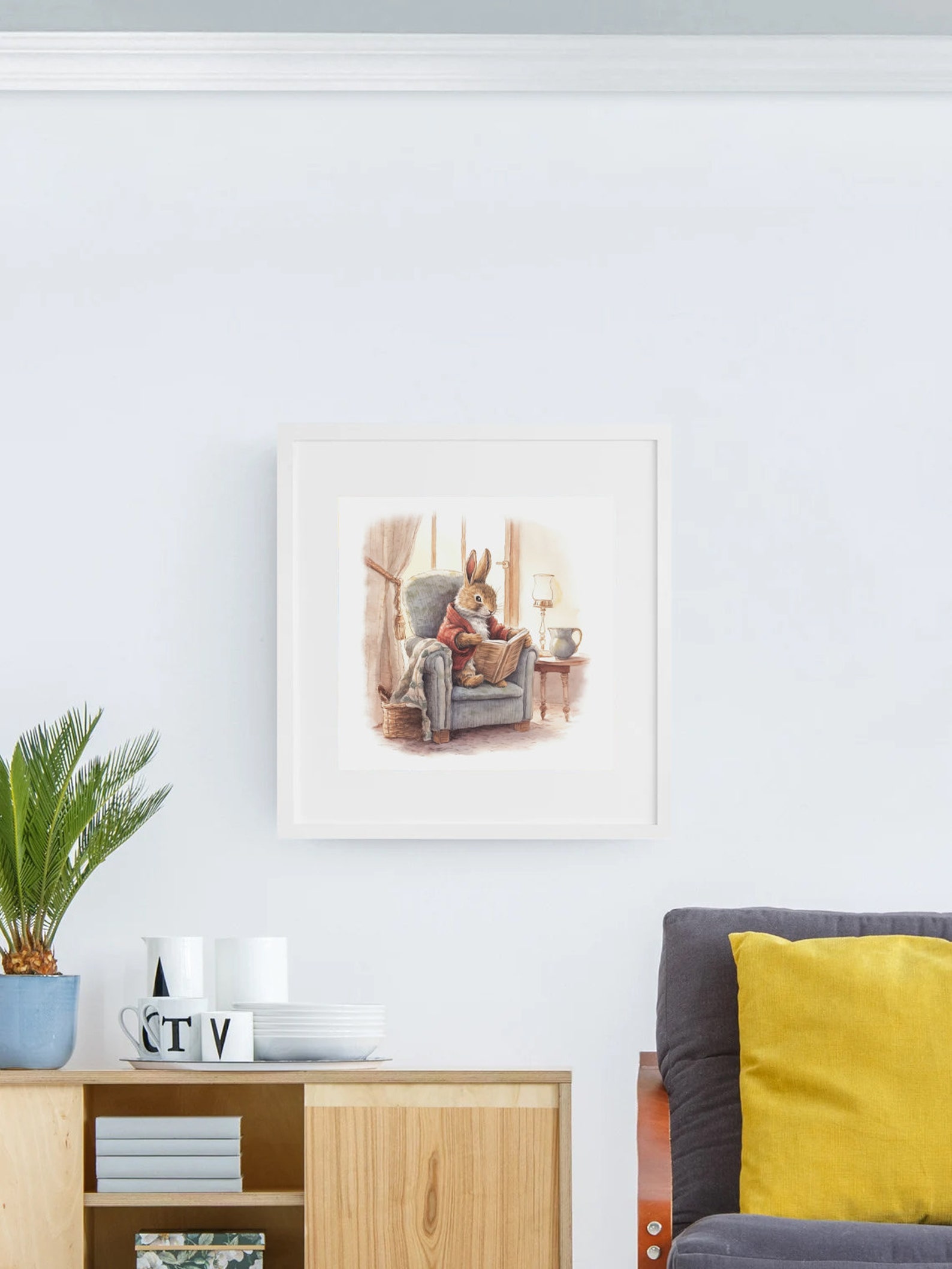 Bunny Rabbit in A Cozy Reading Nook Wall Art Softness Nursery - Etsy