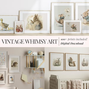 May include: A collection of 100+ vintage whimsical art prints featuring animals, including a duck with ducklings, a rabbit, a mouse, and a hedgehog. The prints are in white frames and are displayed on a white wall. The text "Vintage Whimsy Art" and "100+ prints included! Digital Download" is displayed below the prints.