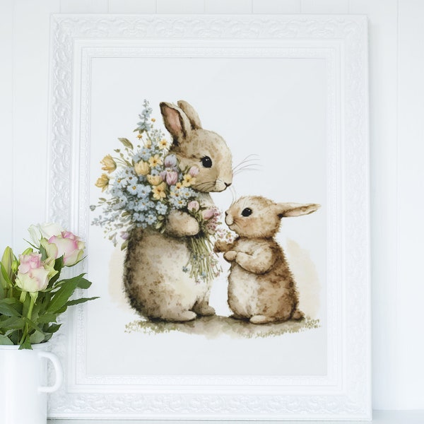 Baby en moeder konijntjes kunst aan de muur, zachtheid aquarel illustratie, Cottagecore decor afdrukbaar, wildlife platteland digitale print