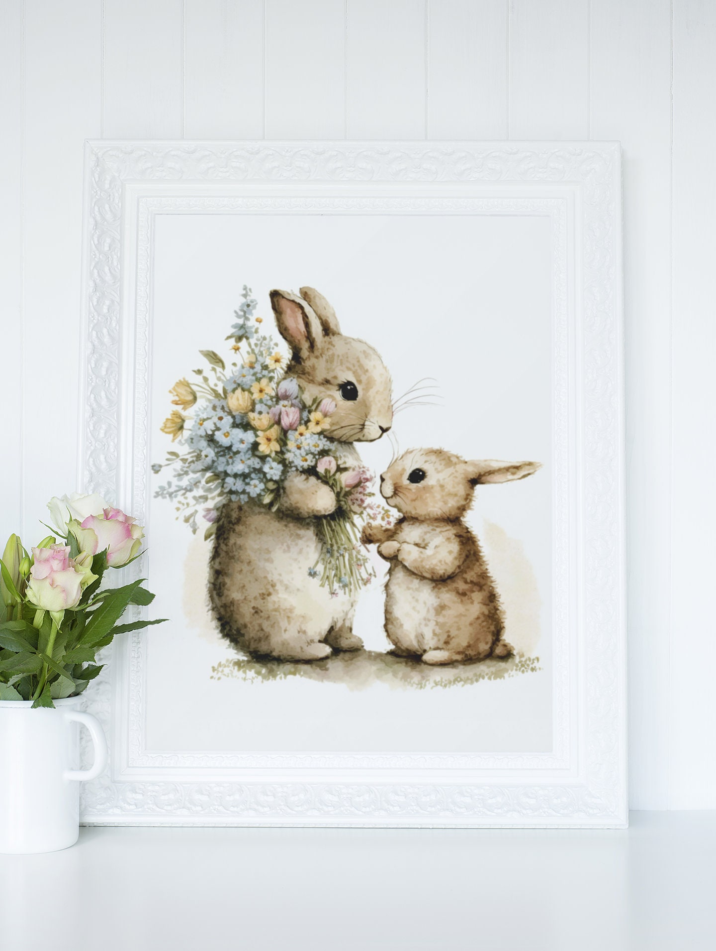 Baby and Mother Bunny Rabbit Wall Art, Softness Watercolor