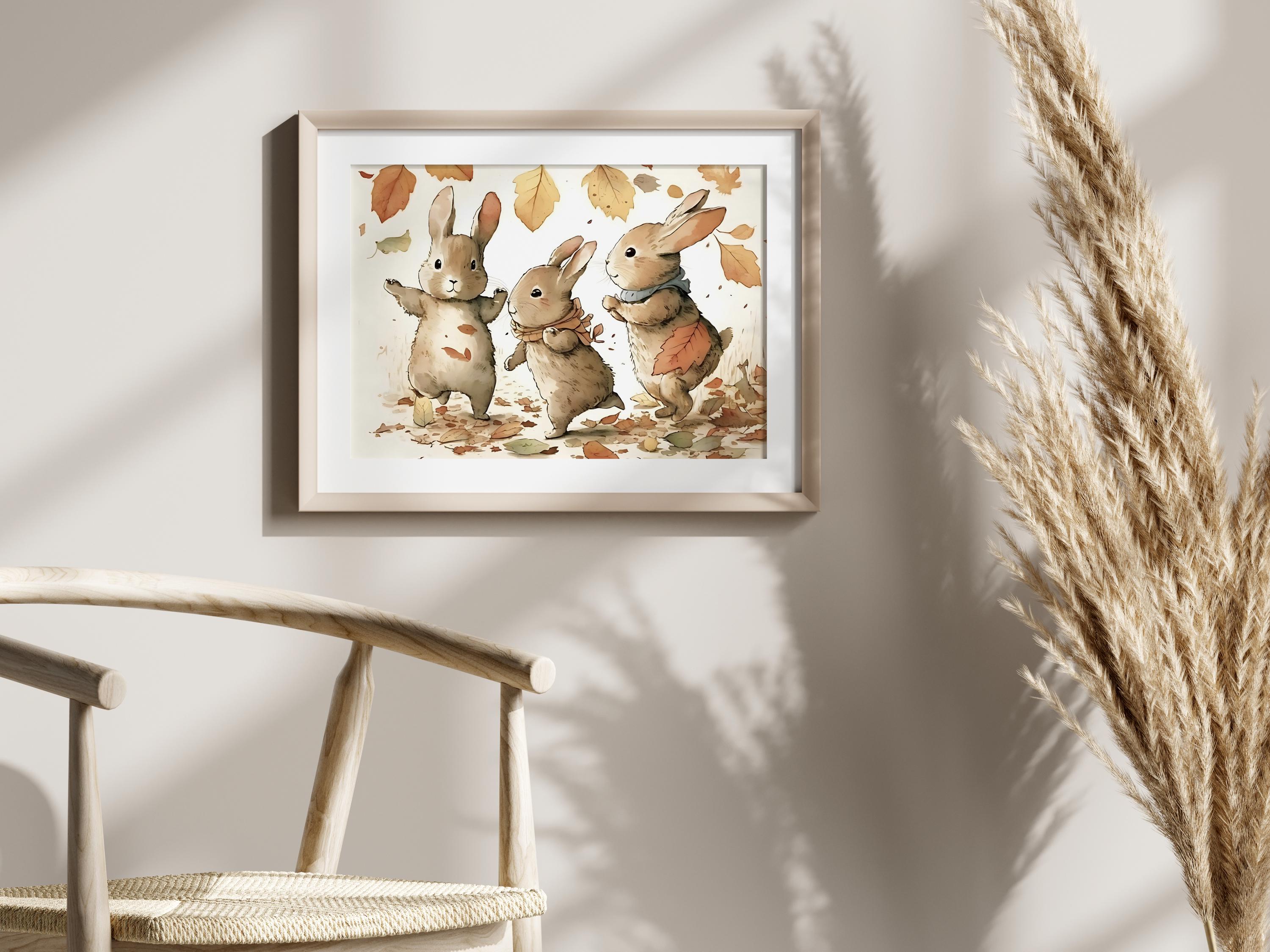 Autumnal Bunny Rabbits Fall Leaves Wall Art, Softness Nursery Art ...