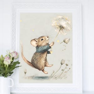 Topo di campagna che vola con dente di leone - Stampa artistica spedita per posta di animali selvatici - Poster di carta opaca di alta qualità - Decorazione per cameretta dei bambini Cottage-Core Woodland