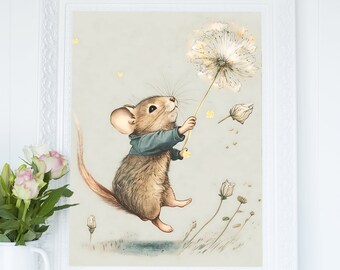 Mouse Flying with Dandelion Wall Art, Softness Nursery Art Prints, Watercolor Illustration Cottagecore Printable Decor, Instant Download