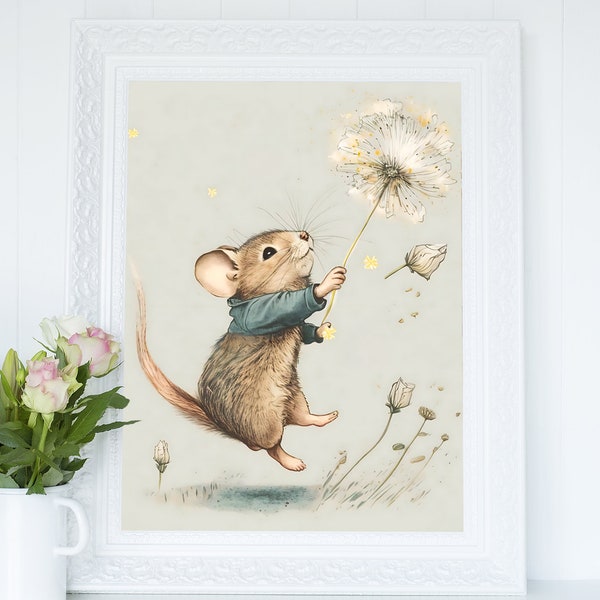 Muis vliegen met paardenbloem kunst aan de muur, zachtheid kinderkamer kunstafdrukken, aquarel illustratie Cottagecore afdrukbaar decor, Instant Download