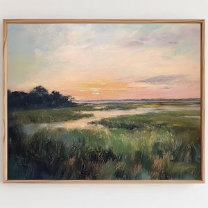 May include: A painting of a marsh landscape at sunset. The sky is a soft pink and orange, with wispy clouds. The marsh is green and brown, with water flowing through it. There are trees in the distance.