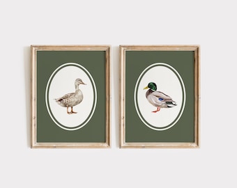 Mallard Duck Print, Duck Painting, Sage Green Decor, British Garden Birds, Bird Painting, Bird Watching Gifts