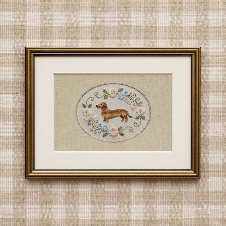 May include: Framed artwork featuring a cross-stitched dachshund dog surrounded by a floral wreath in pastel colors. The artwork is set against a neutral background and framed in a gold-colored frame. The overall aesthetic is vintage and charming.