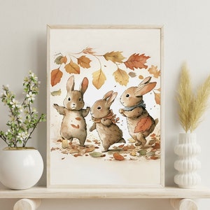 Autumnal Bunny Rabbits Fall Leaves Wall Art, Softness Nursery Art Prints, Watercolor British Wildlife Printables, Instant Digital Download