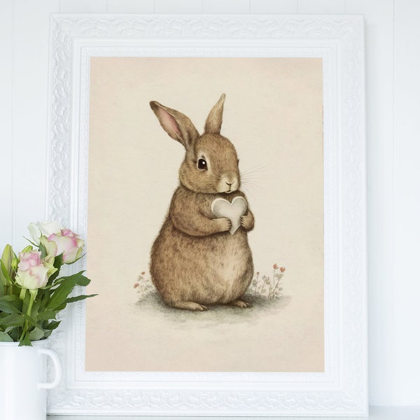 Bunny Rabbit Holding A White Love Heart Wall Art, Softness Watercolor Illustration, Cottage Decor Printable, British Wildlife Digital Print