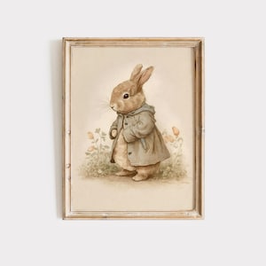 May include: A framed illustration of a brown rabbit wearing a blue coat and standing in a field of flowers. The rabbit is looking to the left and has a small, white flower in its paw.