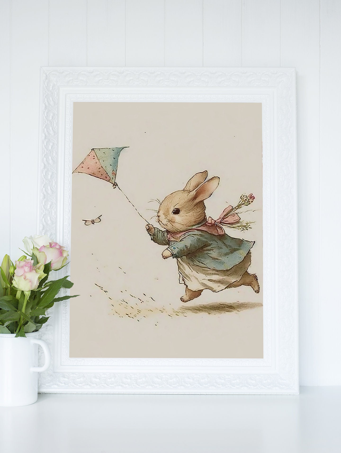 Bunny Chasing A Kite On A Windy Day Printable, Cottagecore Decor Wall Art, Softness Art Print, British Wildlife Digital Download