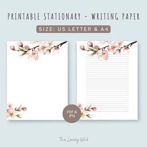 Pink Cherry Blossom Flower Printable Paper, Digital Download Floral Letter Paper A4 Writing Paper Letter Writing Cottagecore Stationary Set