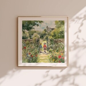 May include: Watercolor painting of two children walking through a garden gate. The children are wearing red and blue clothing. The garden is filled with flowers and greenery. A building is visible in the background.