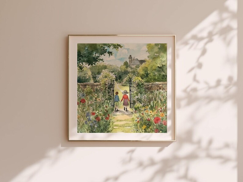 May include: Watercolor painting of two children walking through a garden gate. The children are wearing red and blue clothing. The garden is filled with flowers and greenery. A building is visible in the background.