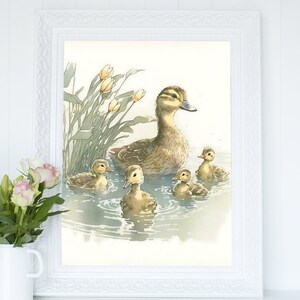 May include: A watercolor painting of a mother duck and her ducklings swimming in a pond. The mother duck is brown and white with a yellow beak. The ducklings are smaller and have yellow beaks. There are yellow flowers in the background.