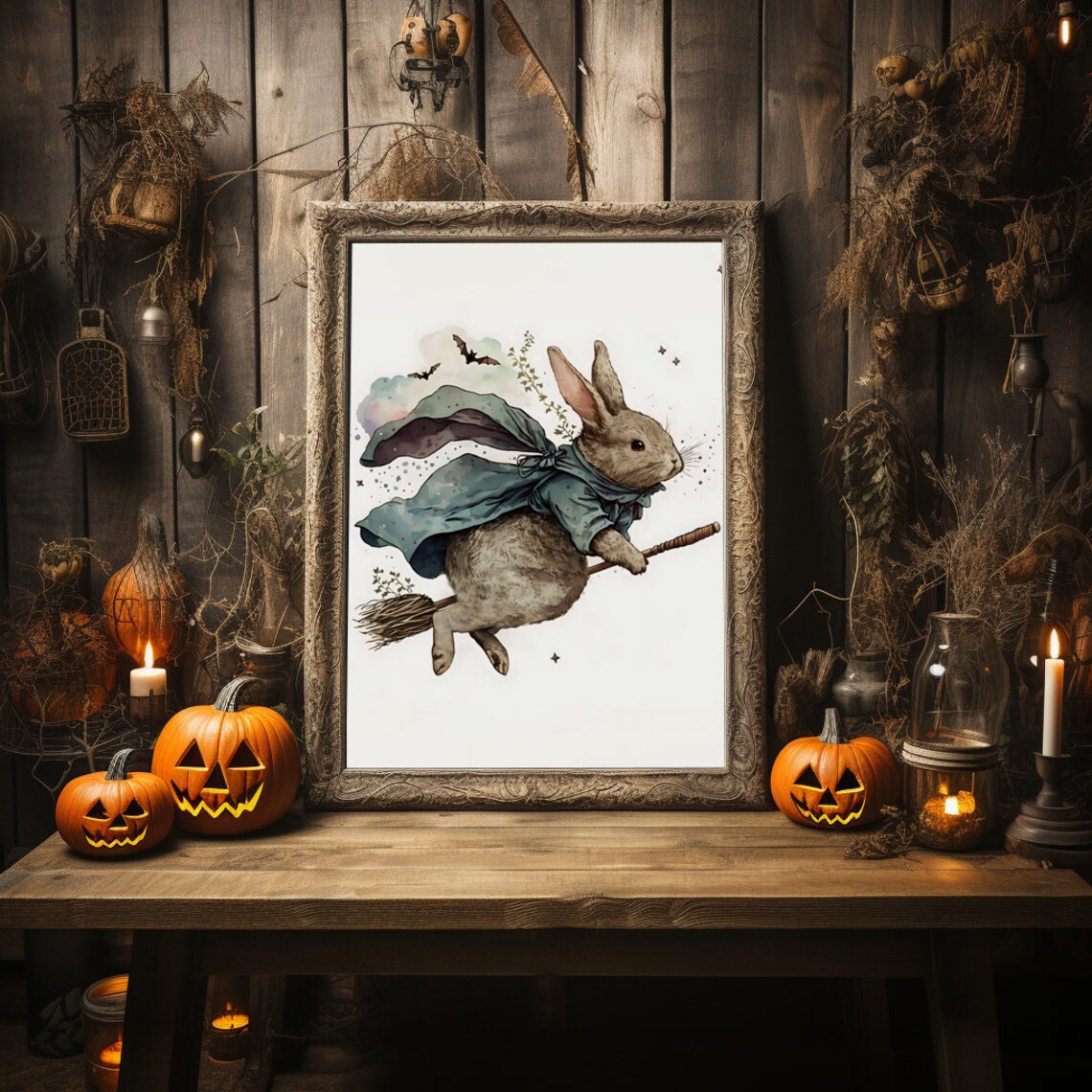 Bunny Rabbit Witch on a Broomstick Wall Art Whimsical Etsy