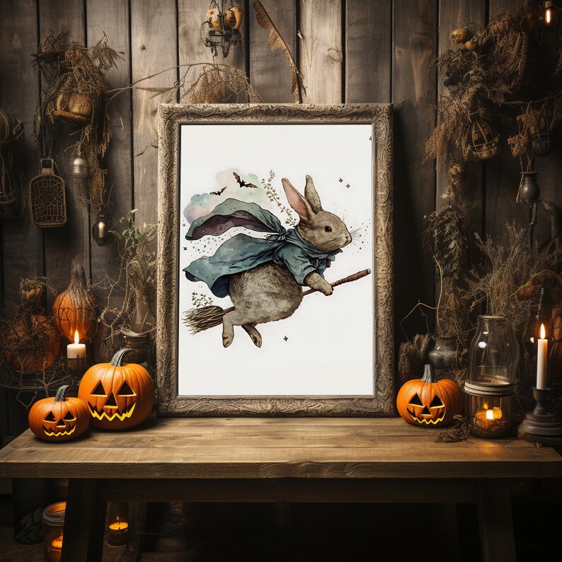 Bunny Rabbit Witch on a Broomstick Wall Art Whimsical Halloween Spooky ...