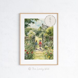 May include: A watercolor painting of two children walking through a garden gate. The children are wearing casual clothing and are walking hand-in-hand. The garden is lush and green, with flowers in bloom. A stone building is visible in the background.