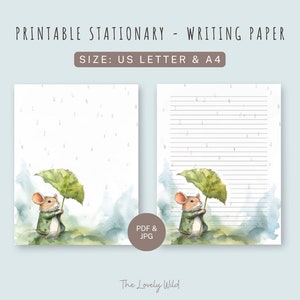 Carta da lettere stampabile Rainy Field Mouse, Carta per download digitale, Carta da lettere A4, Set per scrivere lettere per animali, Set stazionario Cottagecore