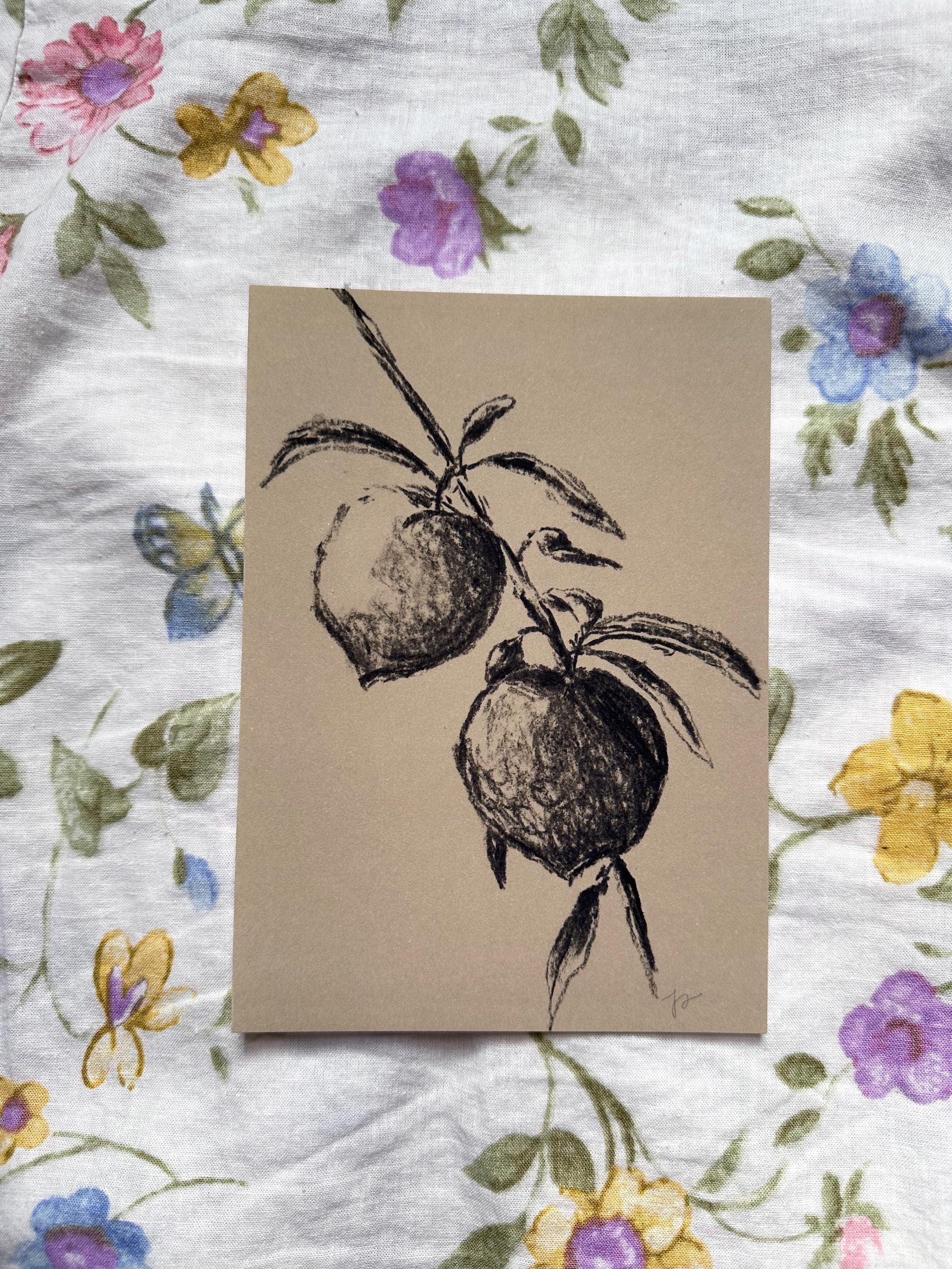 Charcoal Peaches Print: Minimalist Cottagecore Fruit Sketch, Elevated Farmhouse Sketch