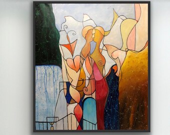Oil painting on canvas, Original abstract painting, couple romantic view, cubism modern art, contemporary modern art