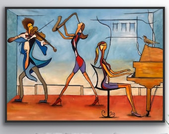 Abstract Painting On Canvas music oil painting , unique oil painting Musicians, Piano Violin painting Cubism Abstract Wall Art