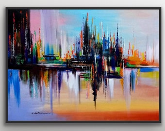 Colorful Original Oil Painting,CityScape Art, Fine Art , Large painting on canvas, artwork original 100% Handmade Art