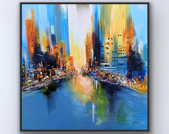 Oil painting Abstract City - CityScape Abstract art, Square Blue painting, large abstract painting contemporary modern art