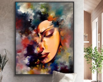 Pintura a óleo sobre tela, retrato abstrato de rosto de mulher, pintura a óleo moderna, rosto abstrato, arte moderna sobre tela