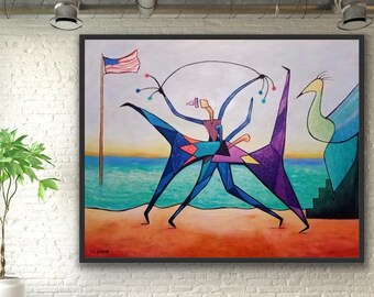 Abstract cubism figurative art oil painting "Dancing on Miami Beach" , American oil painting on canvas, Maimi beach