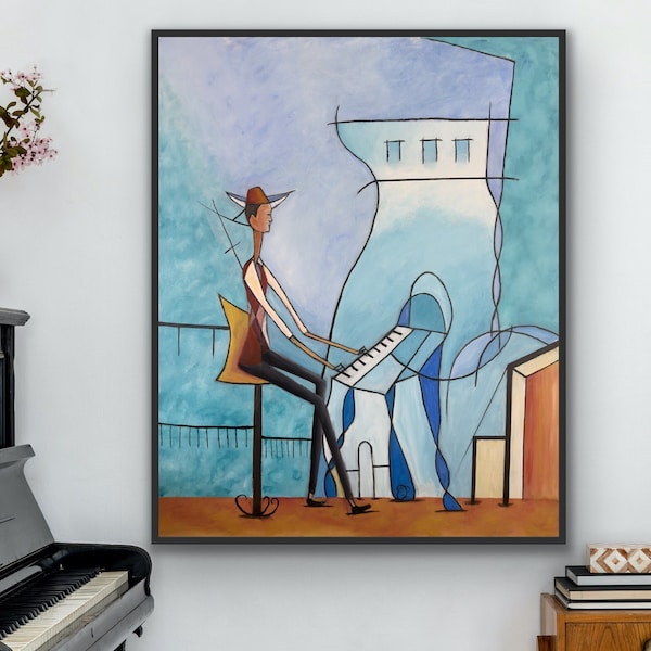 Oil Painting on Canvas, Man playing piano Abstract Figurative Modern Art, Contemporary handpainted painting on canvas, turquoise colors