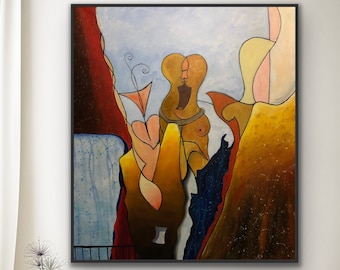Abstract oil painting, figurative modern abstract art, romantic couple painting, love fantasy view, romantic painting abstract original art