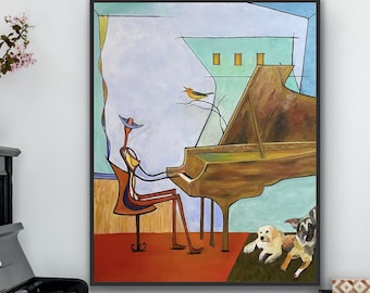 Abstract Piano Oil Painting Music Room Art, Modern Oil Painting of Abstract Figure - Pet portrait, Dog portrait