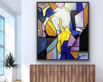 Abstract "Guess" Painting, Cubism Geometric Art, Original Large Oil Canvas Wall Art, Playful Modern Abstract Art on Canvas
