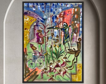 Naive art Oil Painting, Handmade Modern Painting, Large painting on canvas, Unique artwork Style