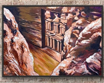 Petra Oil Painting, Petra Jordan Art, Fine Art , Large painting on canvas, artwork original 100% Handmade Beige Art