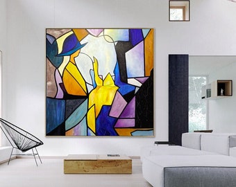 Oil painting on canvas Abstract Cubism geometric art, Square painting, large abstract painting contemporary modern art