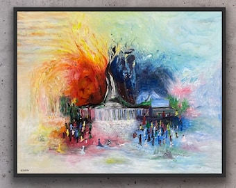 大きな抽象的具象画、現代抽象画、油彩手描き、オフィスの壁アート