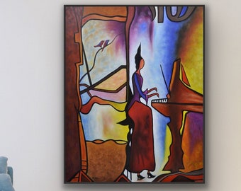 Zeitgenössische Kunst, Klaviermalerei auf Leinwand, Kubismus Kunst, modernes abstraktes Ölgemälde, handgemachtes buntes Gemälde auf Leinwand, Musikzimmerkunst