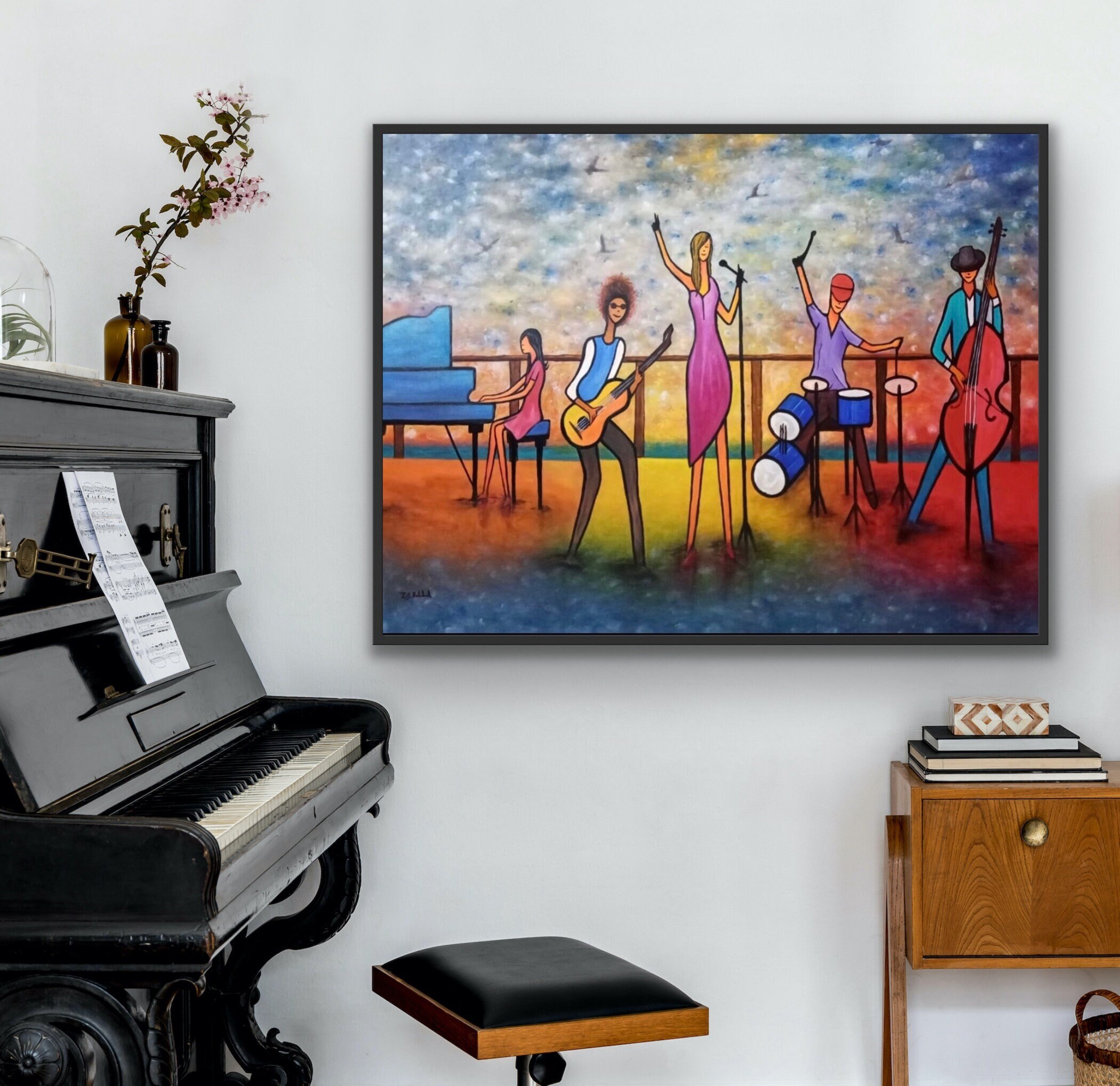 Abstract Painting On Canvas music oil painting , unique oil painting Musicians, Piano Violin painting Cubism Abstract Wall Art
