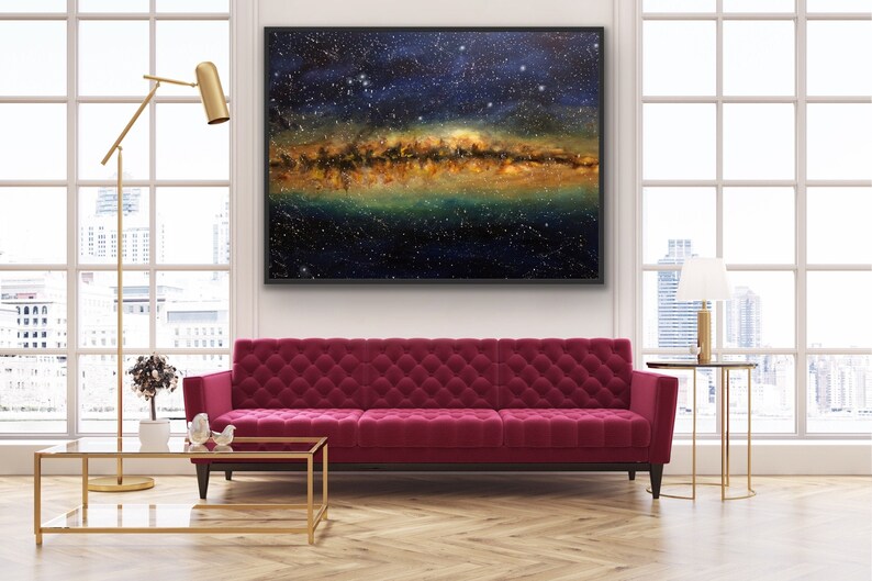 Milky Way Galaxy painting on canvas, blue and yellow colors