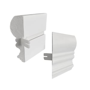 May include: White plastic corner molding with a decorative edge and a snap-on installation system. The molding is designed for use in interior or exterior applications.